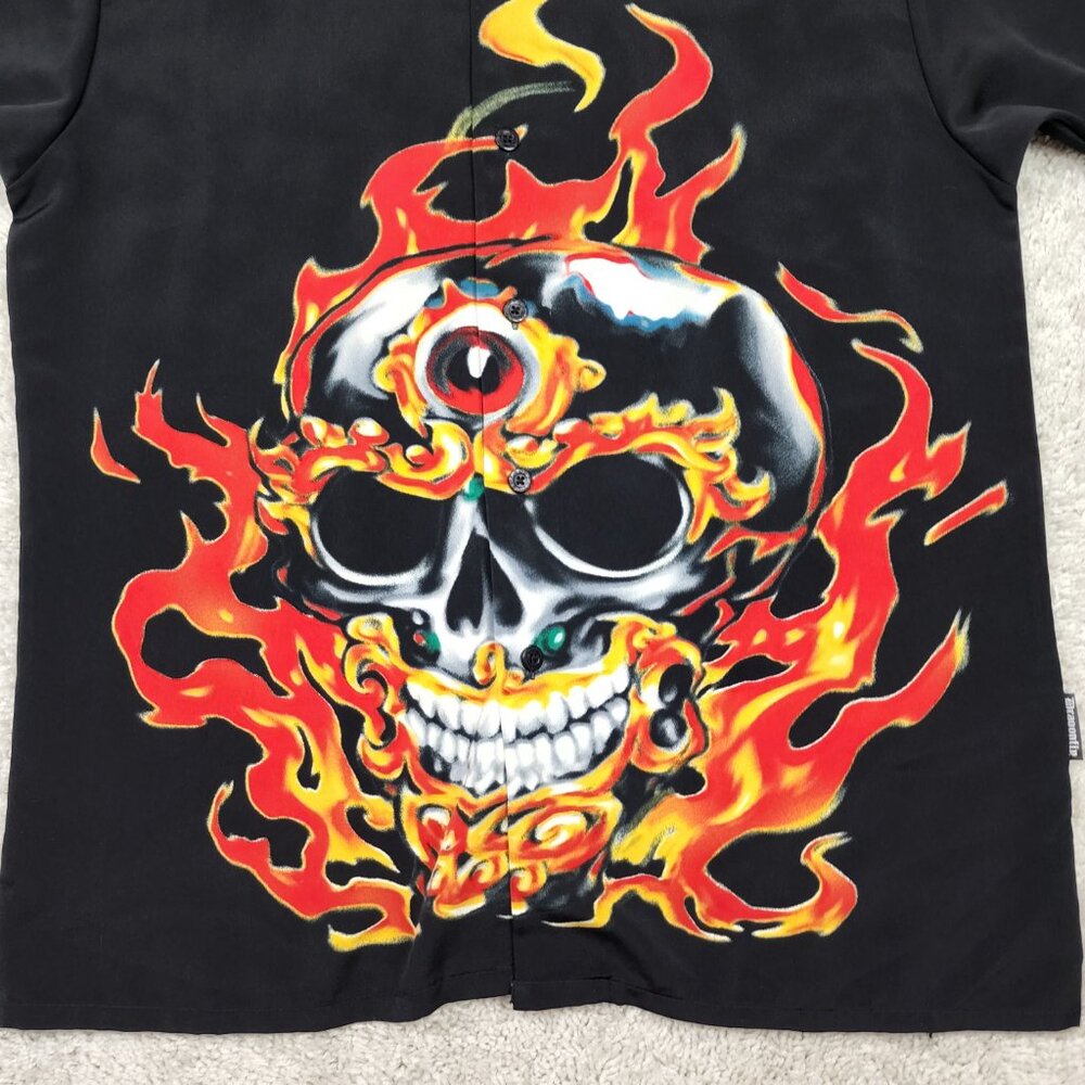 Vintage Dragonfly Clothing Co Skull Flames VTG Size Medium Bowling Party M Y2K - Picture 3 of 7